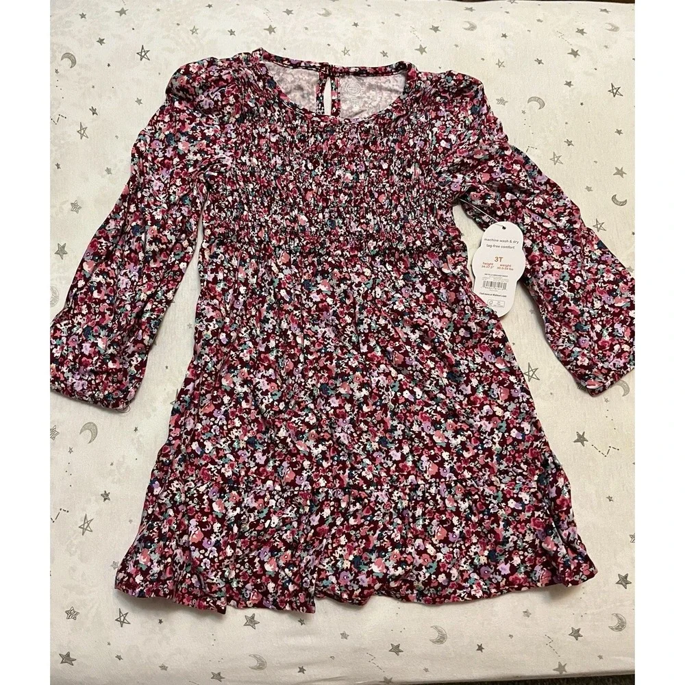 Wonder Nation Toddler Girls 3T Maroon Floral Smocked‎ Dress NWT